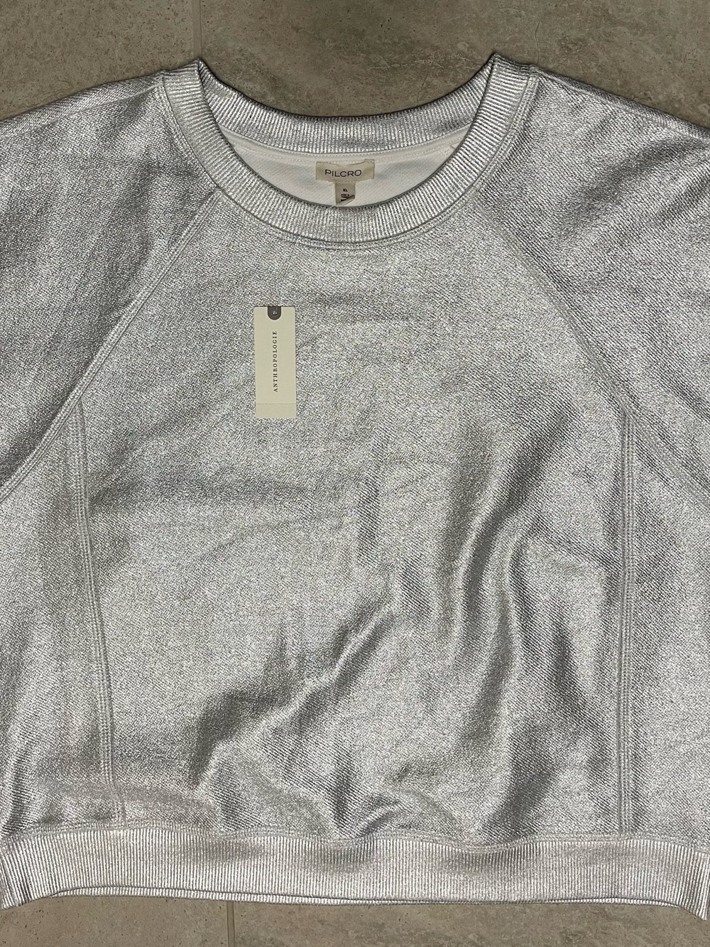 Pilcro Silver Metallic Crewneck Cotton Sweatshirt